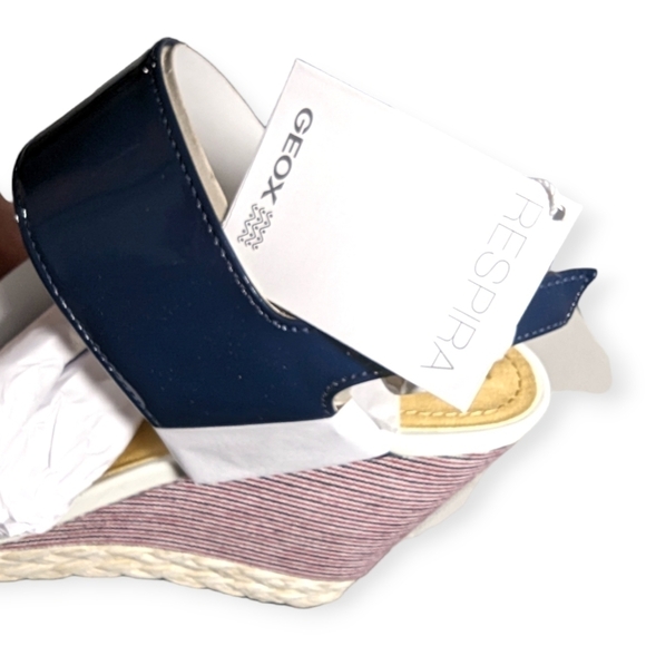 GEOX Wedges Sandals Patent Leather Braided  Donna Janira Navy Red Stripe NIB NWT - Picture 4 of 7